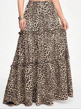 NWT Leopard Print Tiered Maxi Skirt,Boho Large Swing , Spring and Summer Fashion